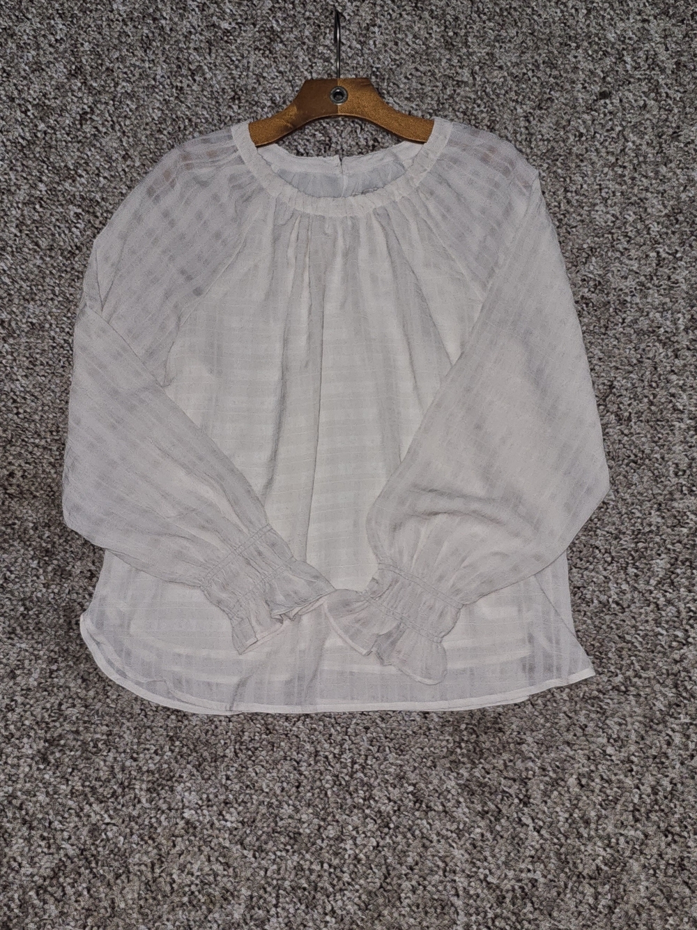 LOFT Creamy White Jaquared Light & Lined Peasant Blouse W/ Smocked Cuffs Sz LG